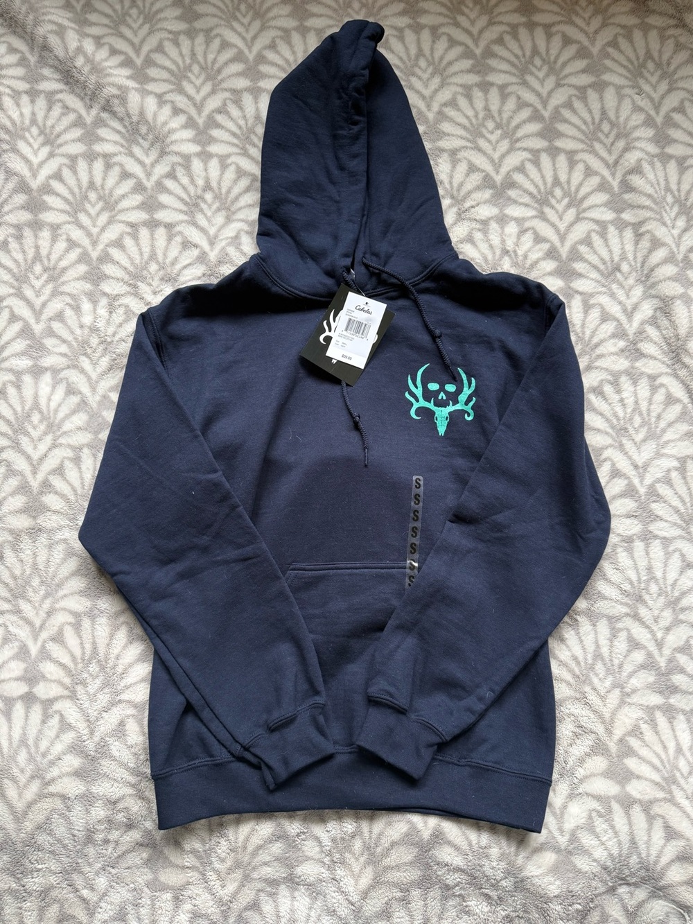 Cabela's Navy Crewneck Hoodie with Teal Skull Emblem